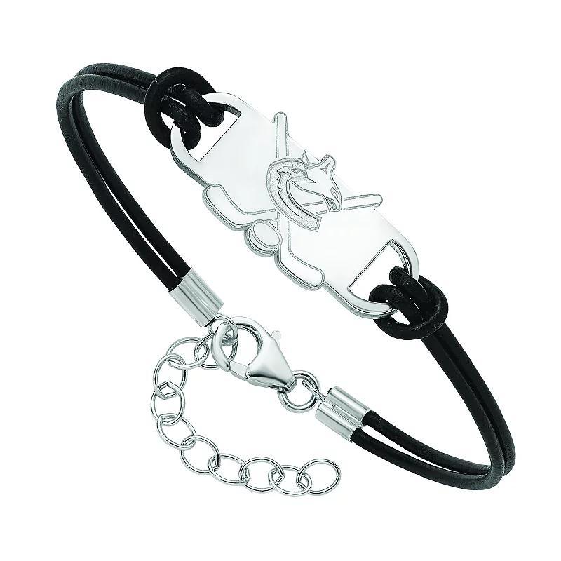 LogoArt Sterling Silver Calgary Flames Black Leather Bracelet, Womens Product Image