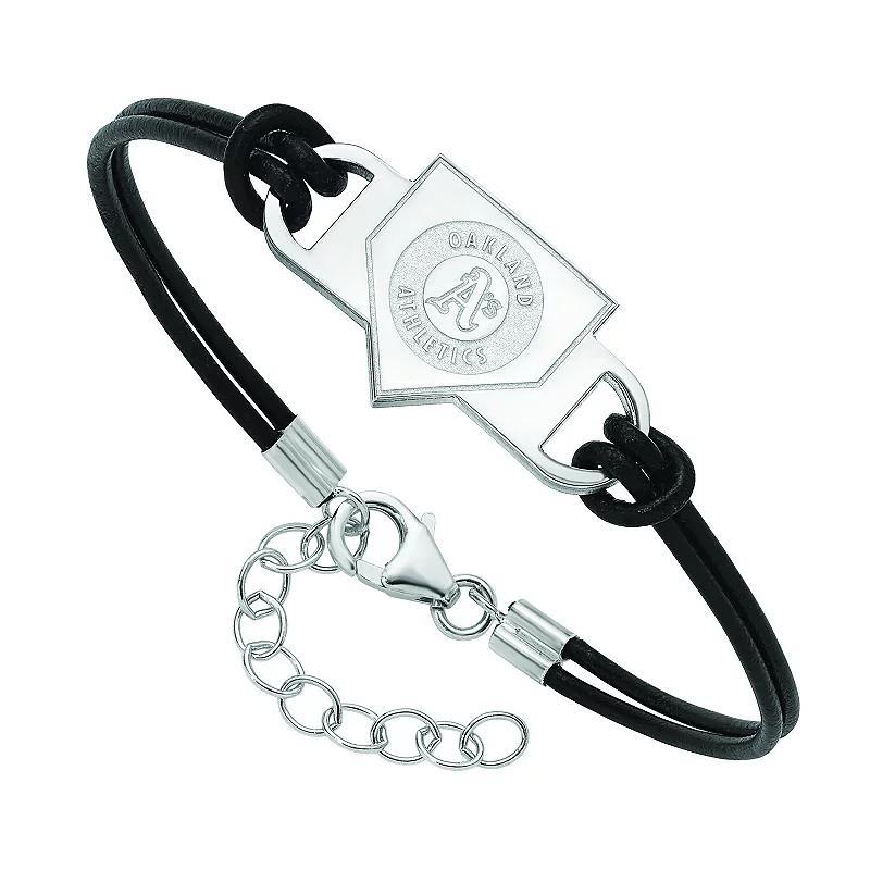 LogoArt Sterling Silver Texas Rangers Black Leather Bracelet, Womens Product Image