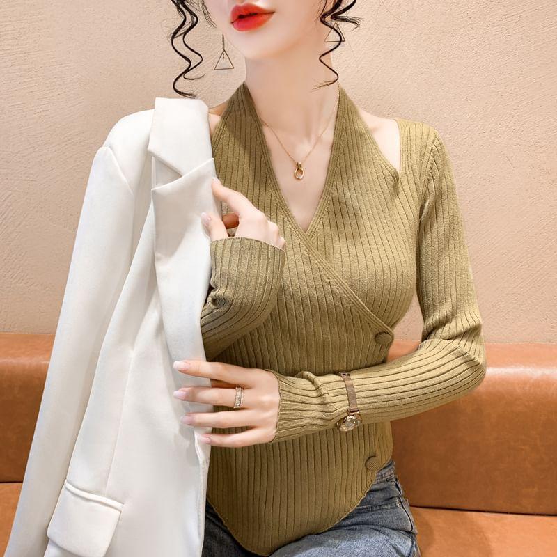 Long-Sleeve Halter V-Neck Plain Asymmetrical Buttoned Slim Fit Crop Knit Top Product Image