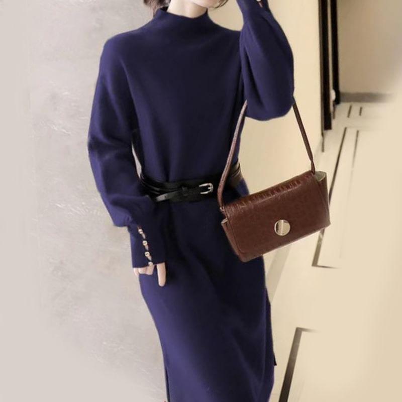 Long-Sleeve Mock Neck Plain Midi Sheath Knit Dress Product Image