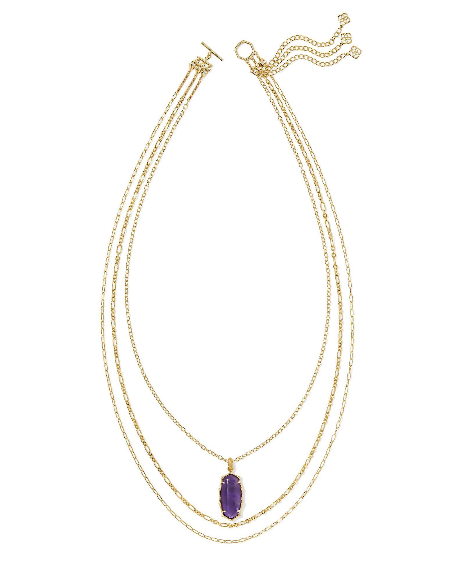 Elle Vintage Gold Bamboo Frame Triple Strand Necklace in Dark Purple Amethyst Product Image