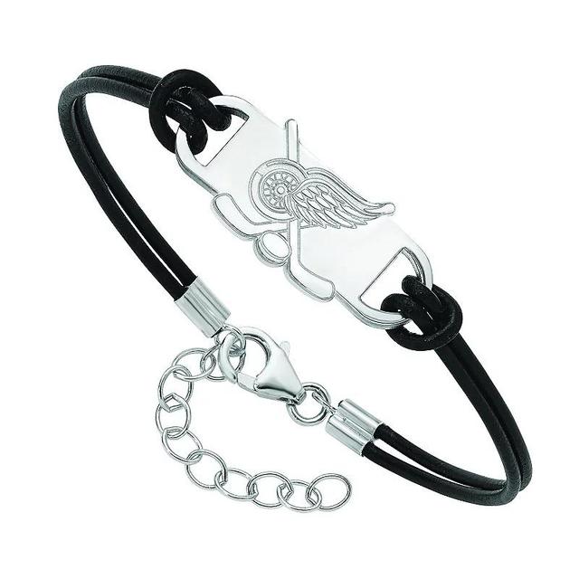 LogoArt Sterling Silver Detroit Red Wings Black Leather Bracelet, Womens Product Image