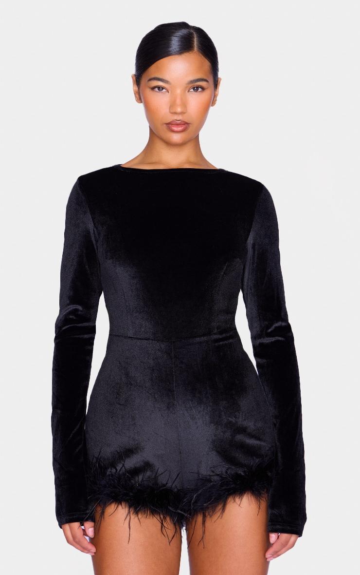 Black Velvet Long Sleeve Feather Trim Romper Product Image