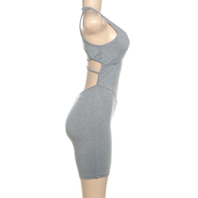 Halter-Neck Caged Back Plain Sports Romper Product Image