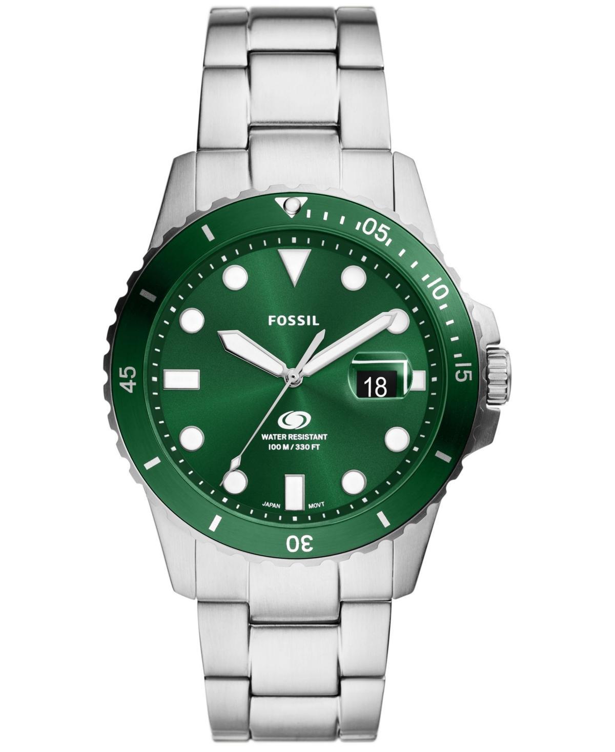 Fossil Mens Blue Dive Three-Hand Date Green Dial Stainless Steel Bracelet Watch Product Image