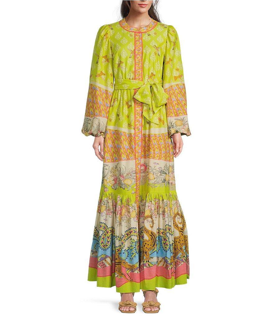 A Loves A Long Balloon Sleeve Mandarin Collar Button Front Self Tie A-Line Printed Maxi Dress Product Image