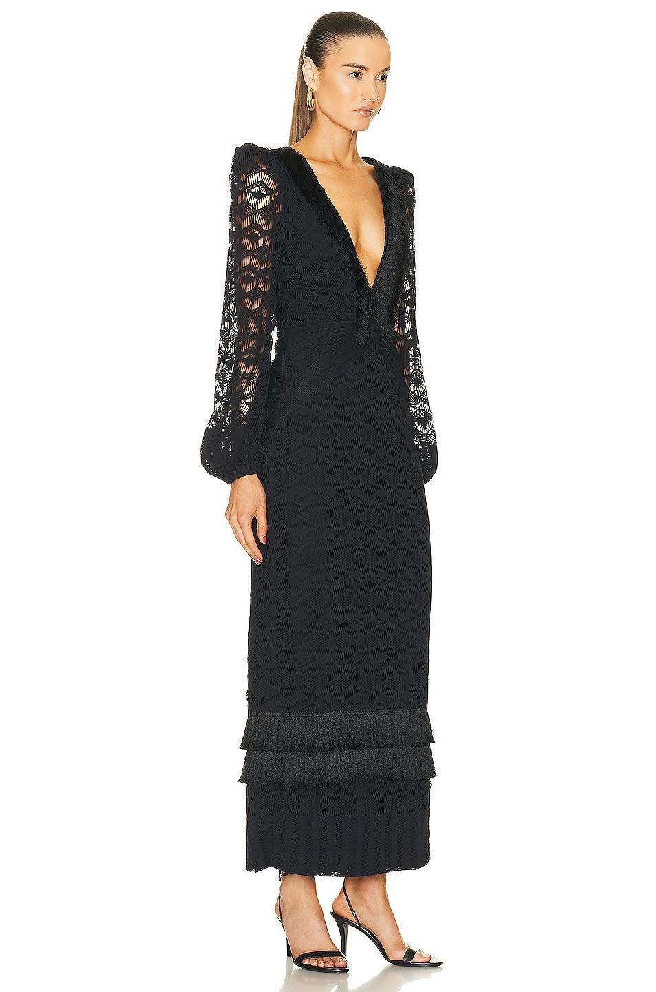 PatBO Crochet Plunge Fringe Trim Maxi Dress Black. (also in ). Product Image