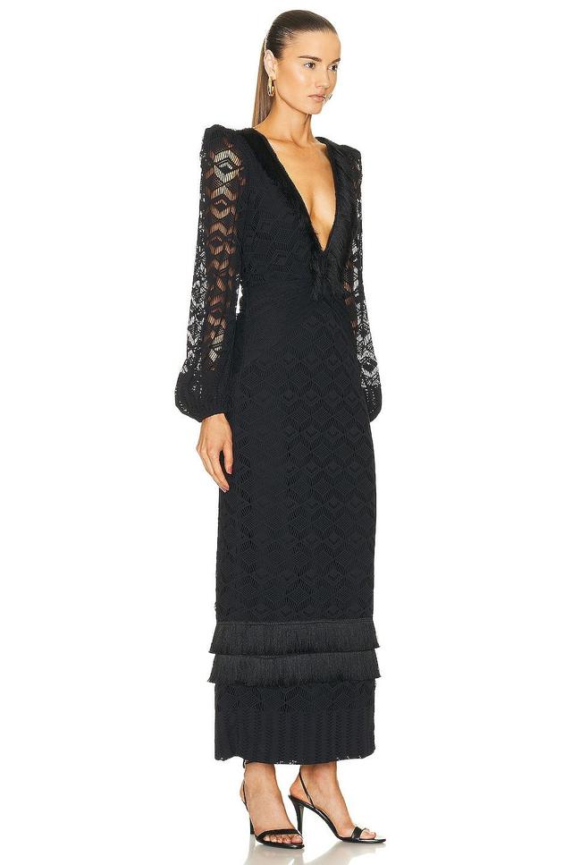 PatBO Crochet Plunge Fringe Trim Maxi Dress in Black Product Image