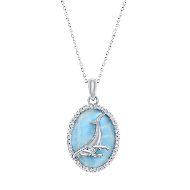 Sterling Silver Larimar w/ Center Whale and Cz Outline Oval Necklace Product Image