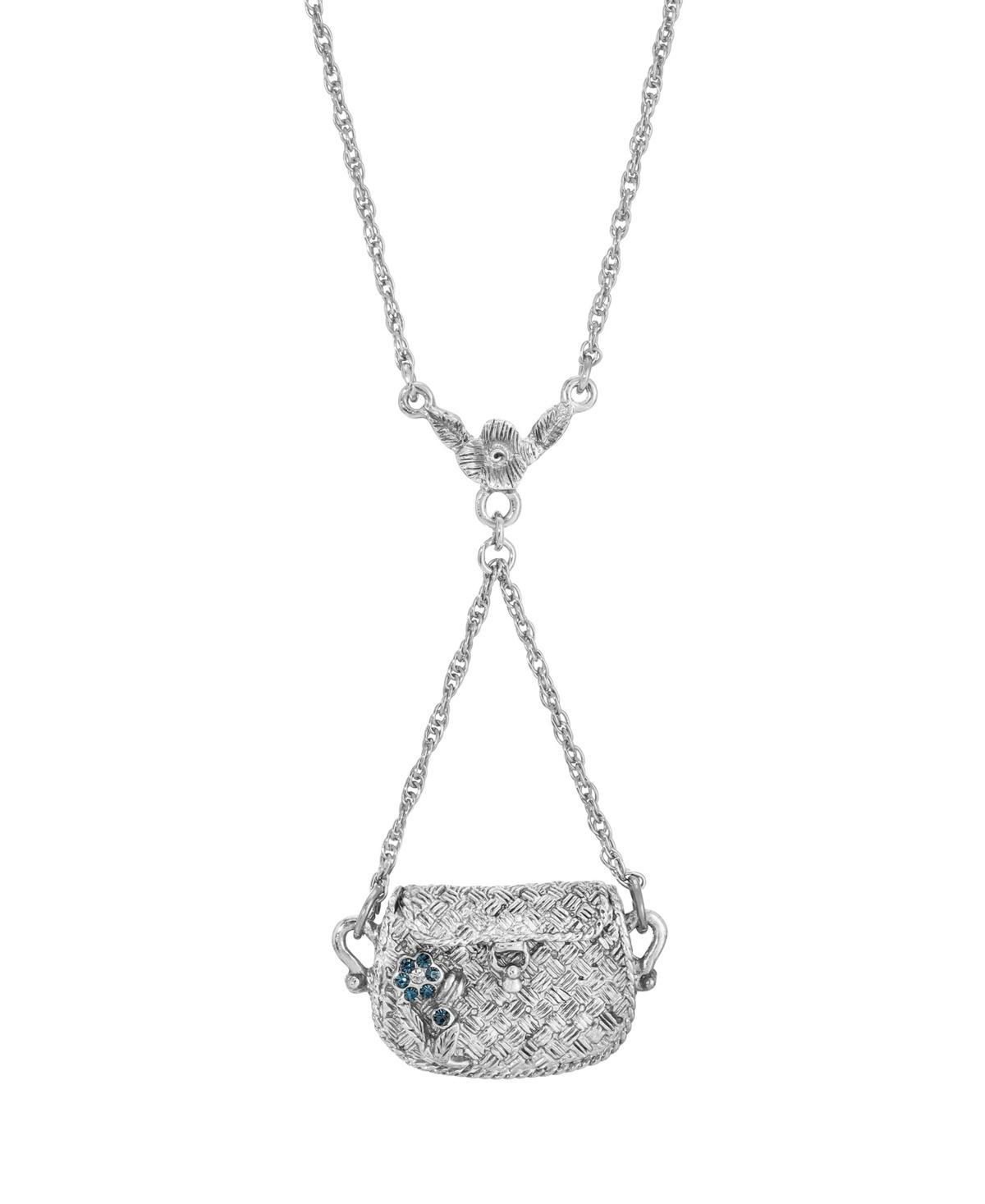 1928 Silver Tone Blue Crystal Flower Opening Purse Necklace, Womens, White Product Image