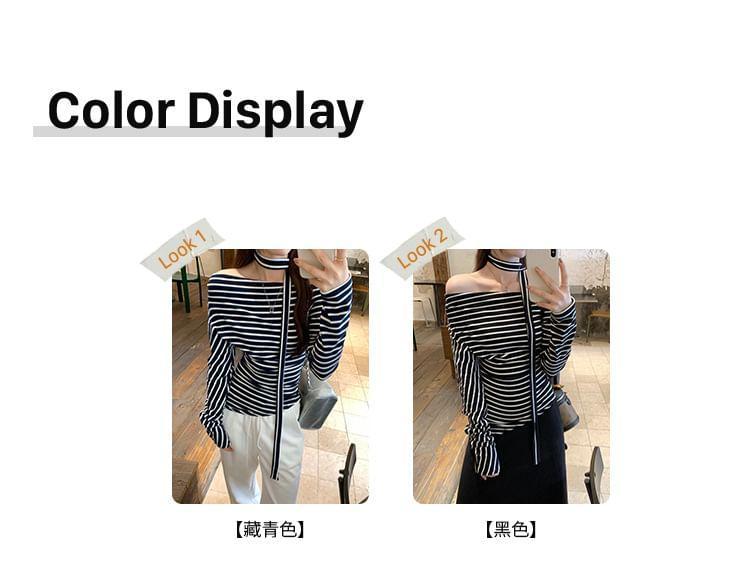 Long-Sleeve Off-Shoulder Striped Tee Product Image