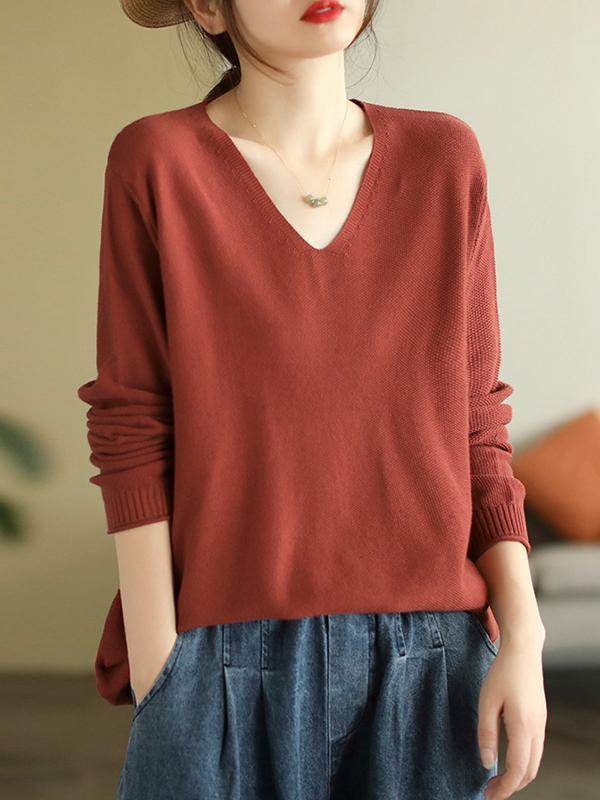 Long Sleeves Loose Solid Color V-Neck Sweater Tops product image