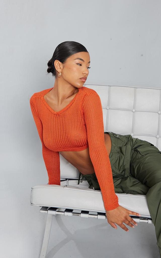 Bright Orange Fine Ladder Knitted Long Sleeve Crop Top Product Image