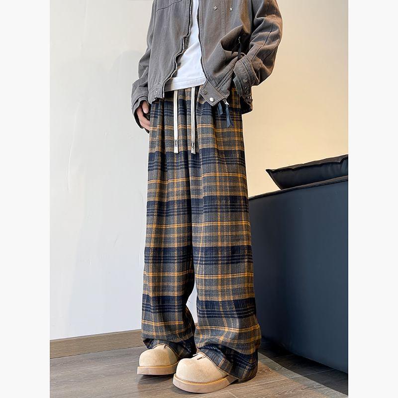 High Waist Plaid Wide Leg Pants Product Image