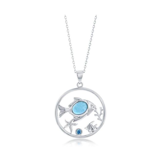 Sterling Silver Larimar Fish With Blue Cubic Zirconia Pendant Necklace, Womens Product Image