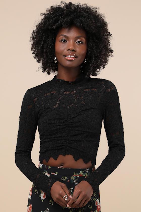 Exquisite Essential Black Fuzzy Lace Ruched Long Sleeve Top Product Image