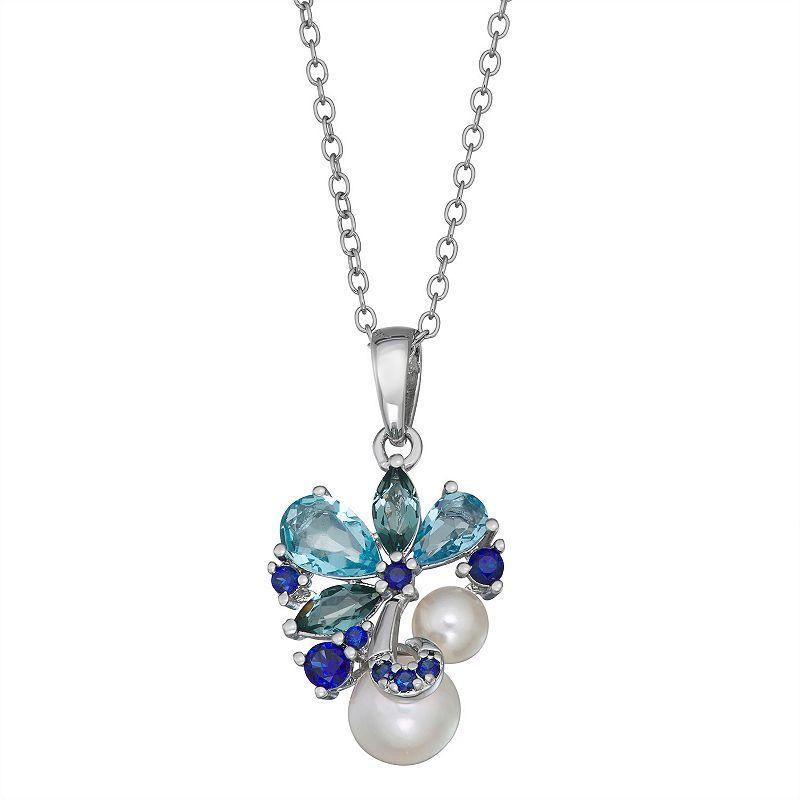 Freshwater Cultured Pearl, Blue Topaz & Lab Created Sapphire Cluster Pendant Necklace, Womens Sterling Product Image