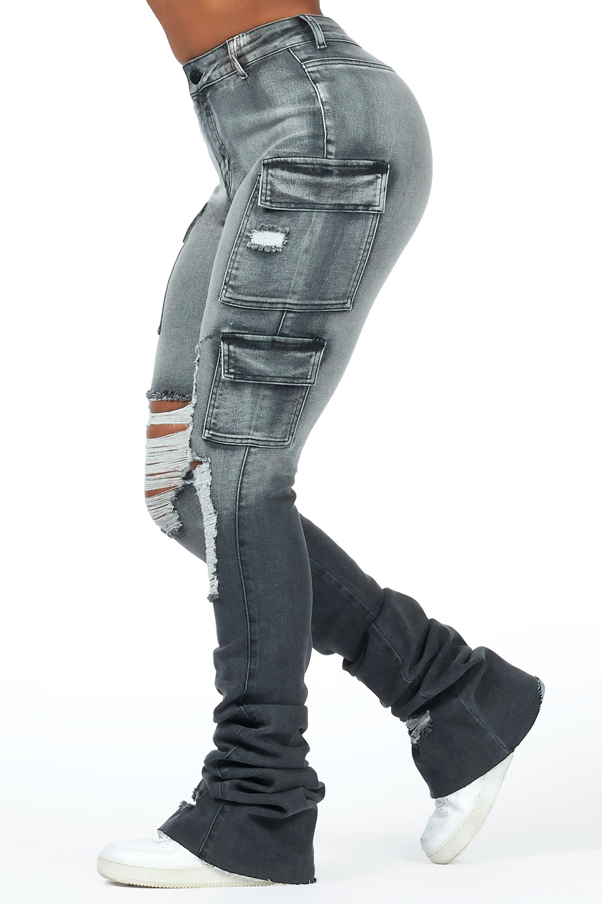 Vixen Grey Wash Distressed Cargo Super Stacked Jean Female Product Image