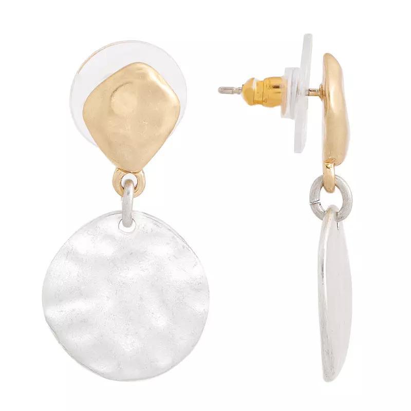 Bella Uno Worn Two-Tone Hammered Disc Post Drop Earrings, Womens, Gold Tone Product Image