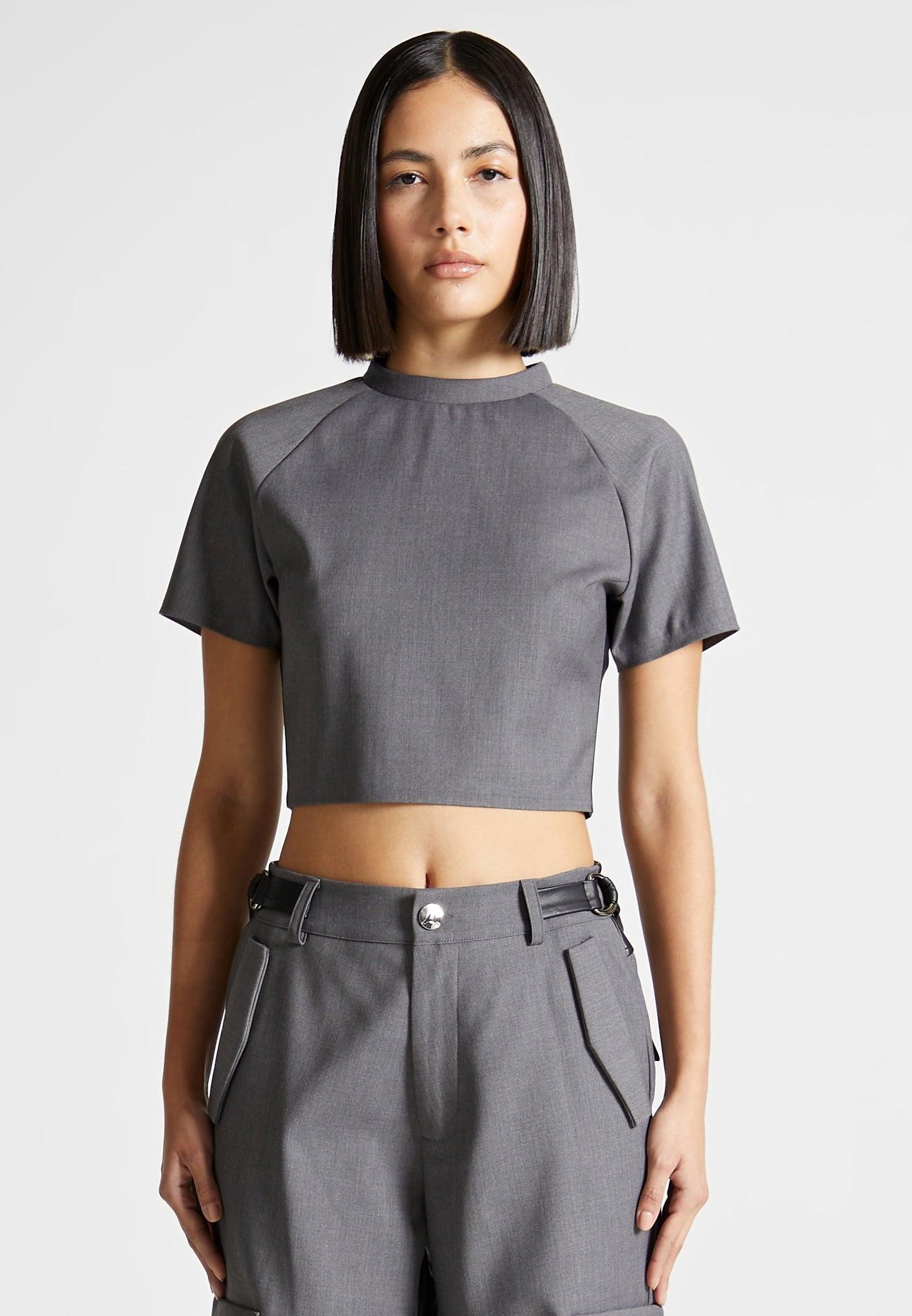 Tailored Mock Neck Top - Grey/Black Female Product Image