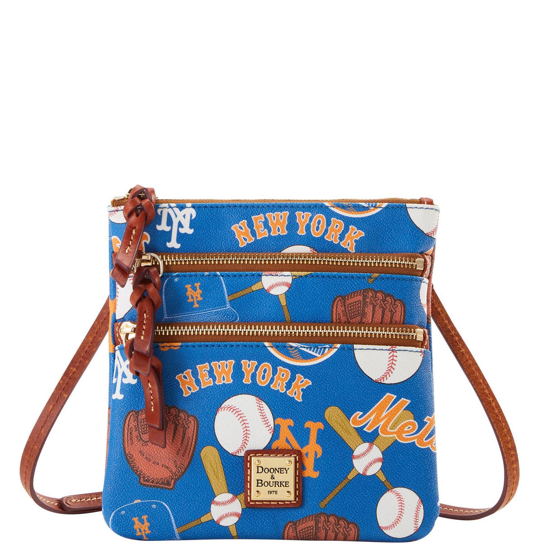 Dooney & Bourke Womens MLB Mets North South Triple Zip Crossbody Coated Cotton Shoulder Bag in Blue Product Image