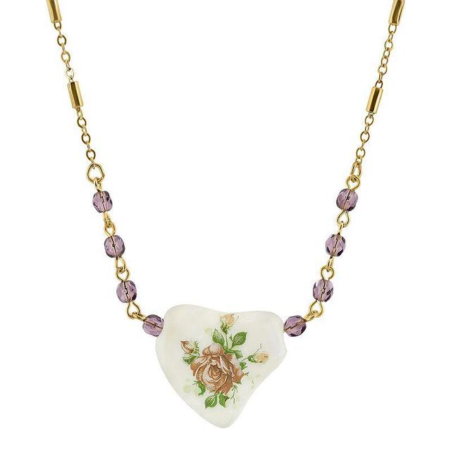 1928 Gold-Tone Purple Beaded White Heart With Pink Floral Decal Necklace, Womens Product Image