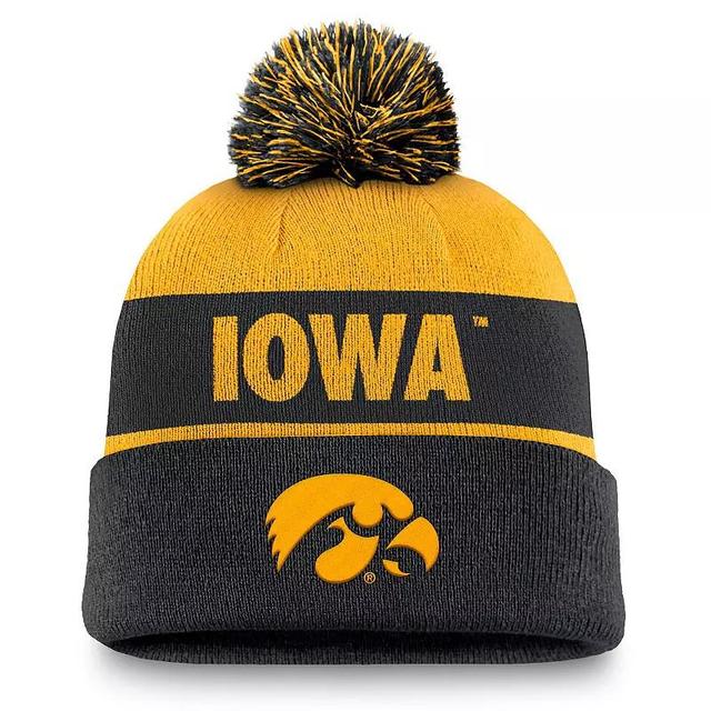 Mens Nike /Black Iowa Hawkeyes Primetime Peak Cuffed Knit Hat with Pom Product Image