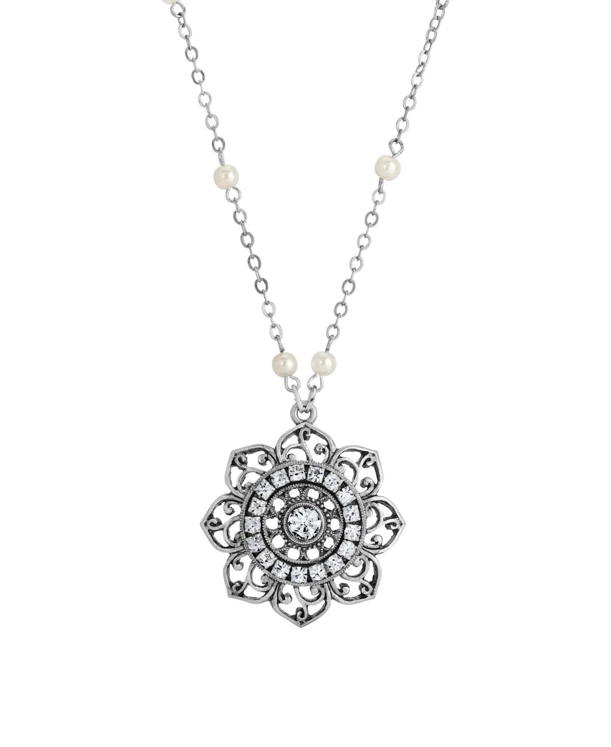 1928 Silver Tone Flower Simulated Crystal Necklace, Womens, White Product Image