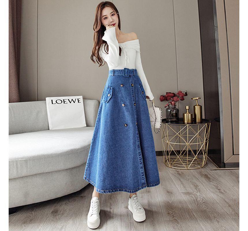 High Rise Plain Denim Midi A-Line Skirt Product Image