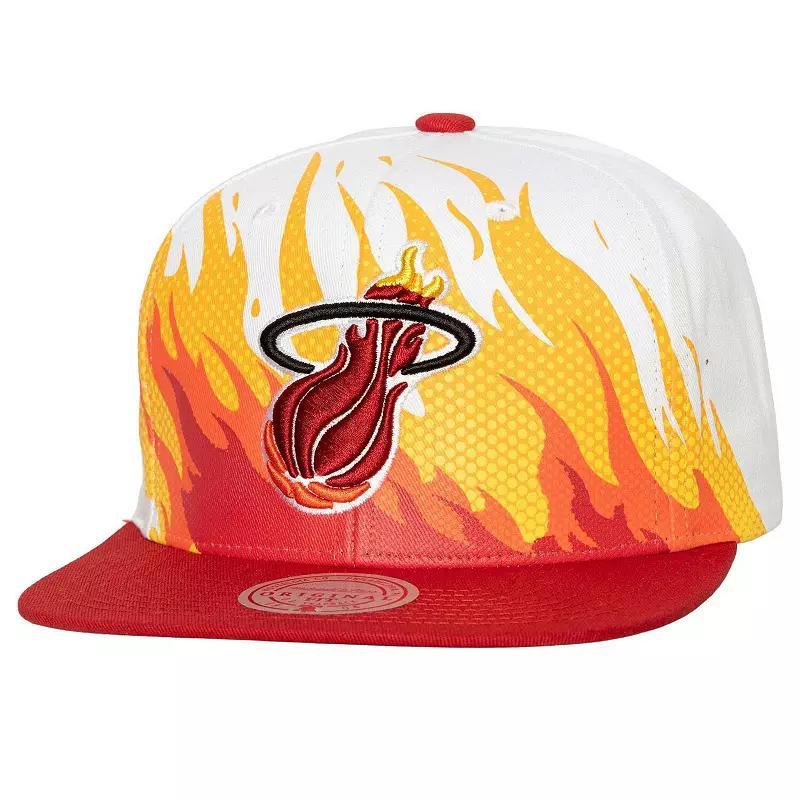 Mens Mitchell & Ness White Miami Heat Hot Fire Snapback Hat Product Image