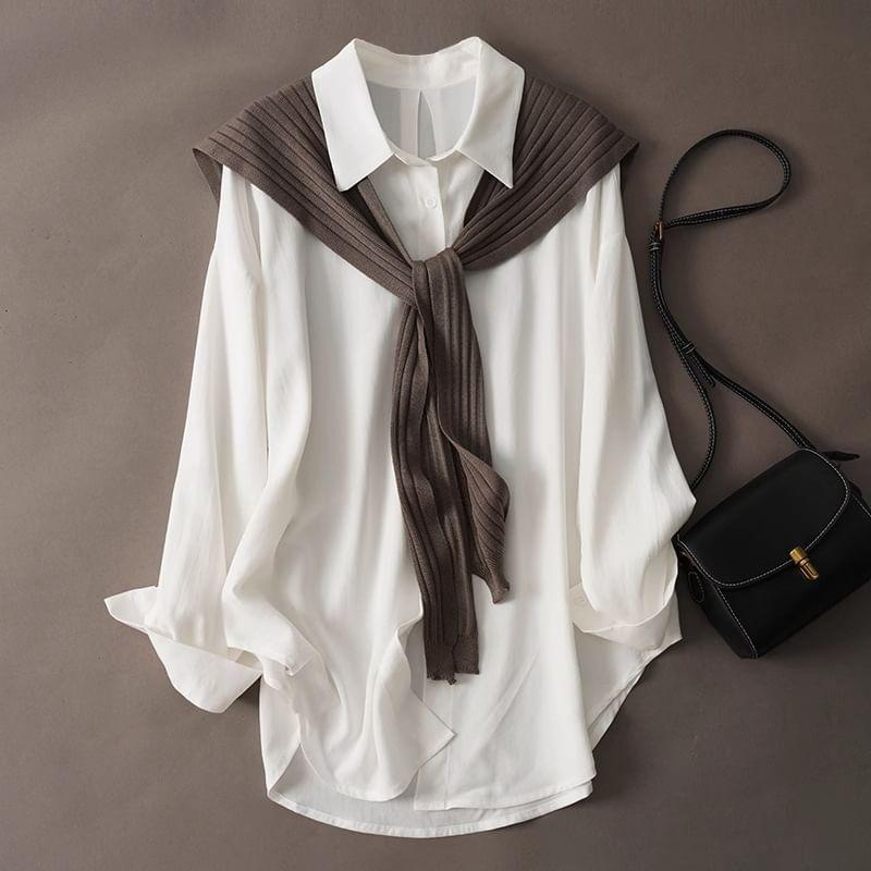 Set: Long-Sleeve Plain Button-Up Shirt + Knit Shawl Product Image