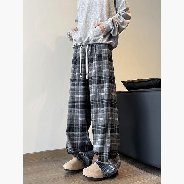 High Waist Plaid Wide Leg Pants Product Image