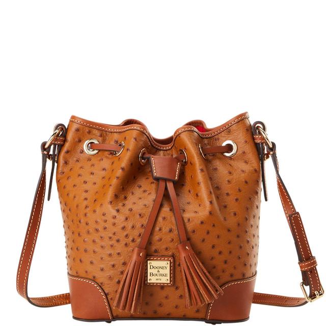 Dooney & Bourke Womens Ostrich Leather Crossbody Drawstring Bag in Caramel Product Image