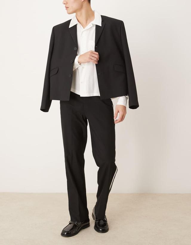 ASOS DESIGN smart straight leg tuxedo pants in black with white side stripe Product Image