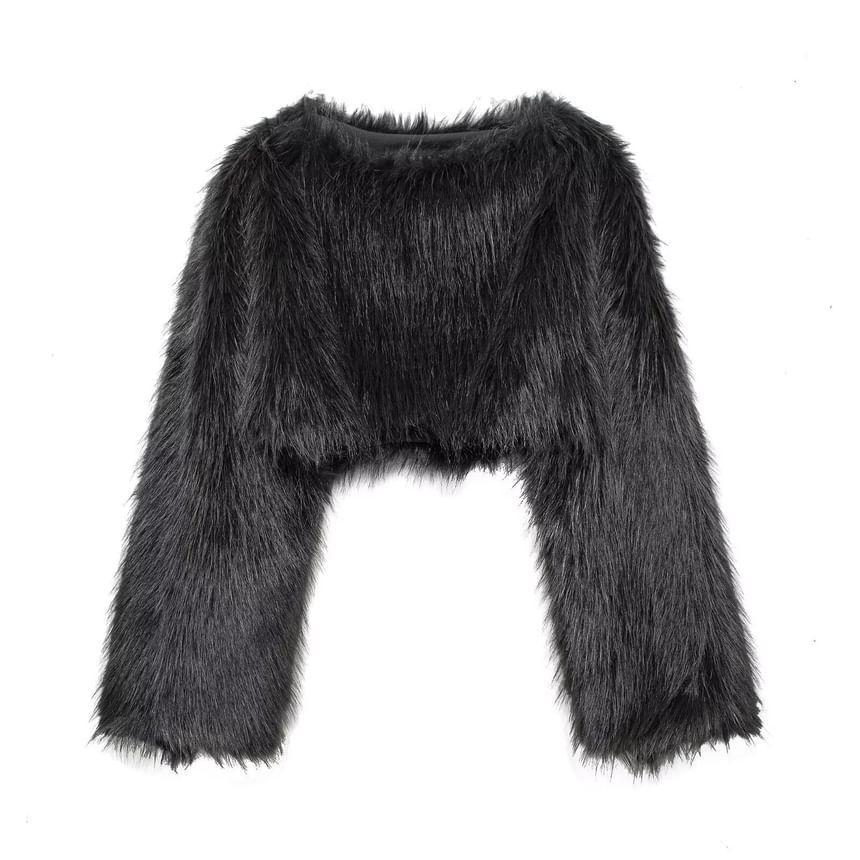 Crew Neck Plain Faux Fur Crop Sweatshirt Product Image