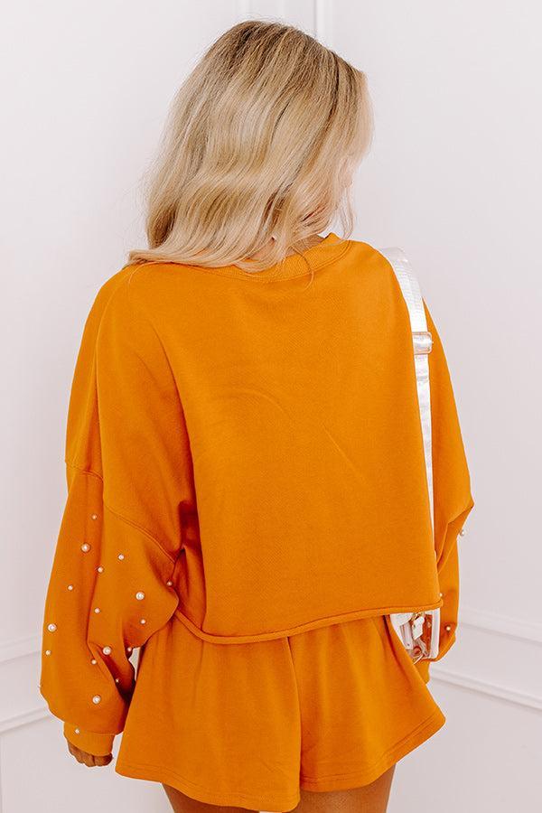 Sideline Chic Pearl Embellished Crop Sweatshirt in Rust Product Image