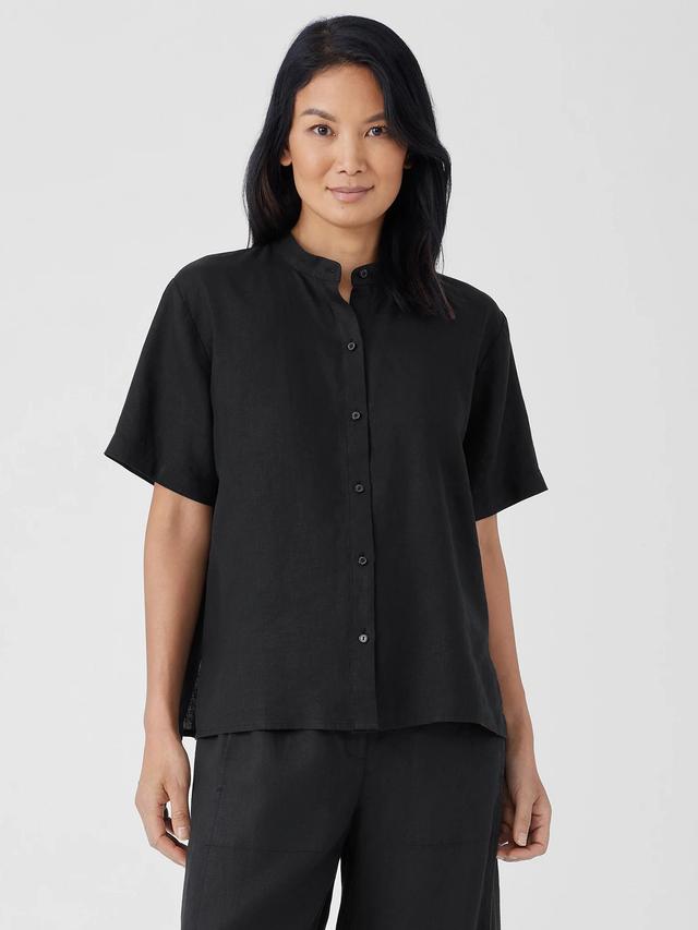 EILEEN FISHER Organic Handkerchief Linen Band Collar Short-Sleeve Shirtfemale Product Image