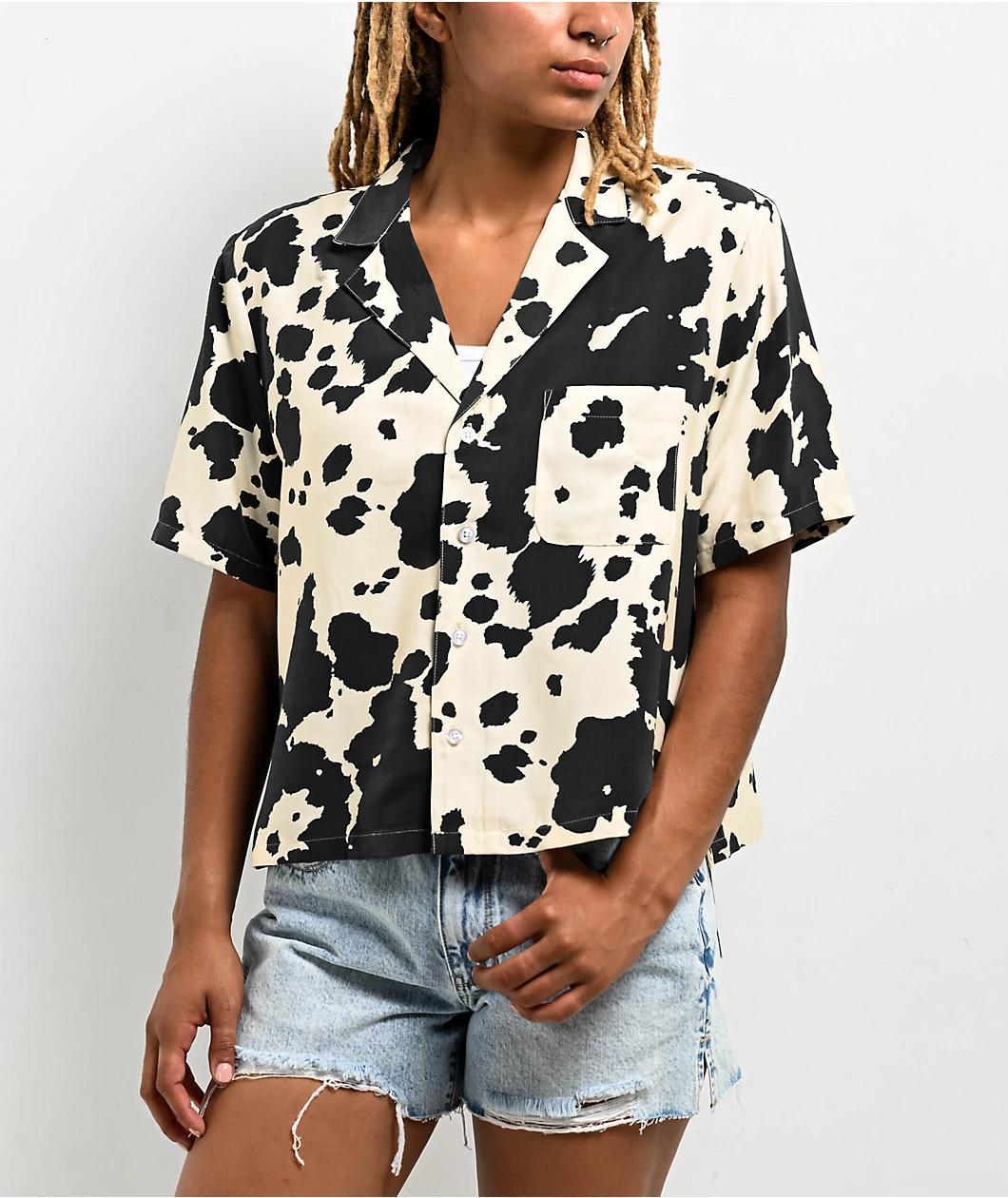 Duvin Cow Design Short Sleeve Button Up Boxy Shirt Product Image