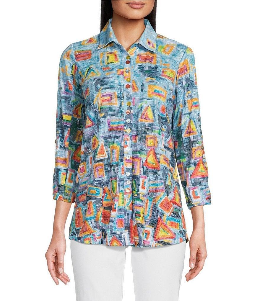 Ali Miles Abstract Shapes Print Point Collar 3/4 Roll-Tab Sleeve Button-Front Tunic Product Image