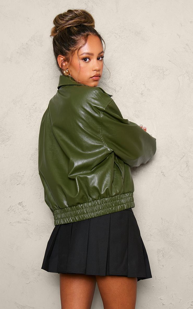 Petite Khaki Faux Leather Oversized Bomber Jacket Product Image