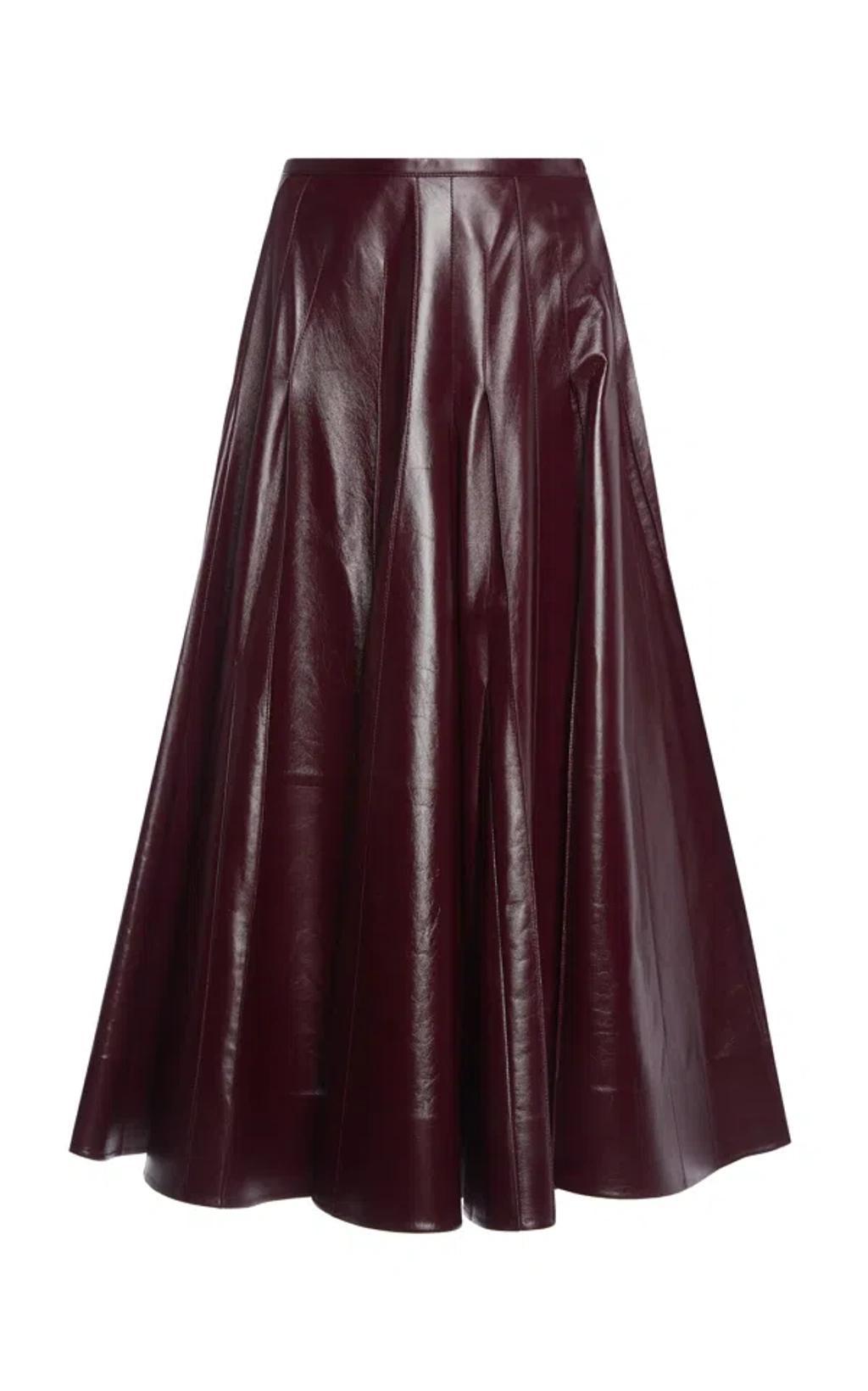 Pleated Leather Maxi Skirt In Burgundy Product Image