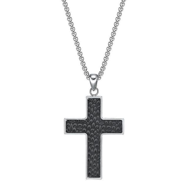 LYNX Mens Stainless Steel Hammered Cross Pendant Necklace Black Product Image