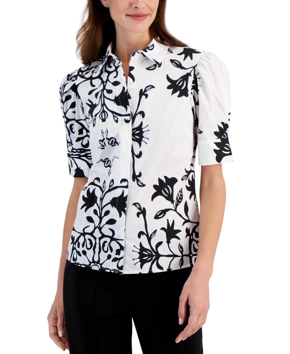 T Tahari Womens Printed Puff-Sleeve Button-Front Shirt Product Image