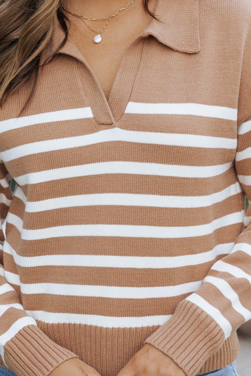 Tan and Cream Striped Pullover Sweater - DOORBUSTER Product Image