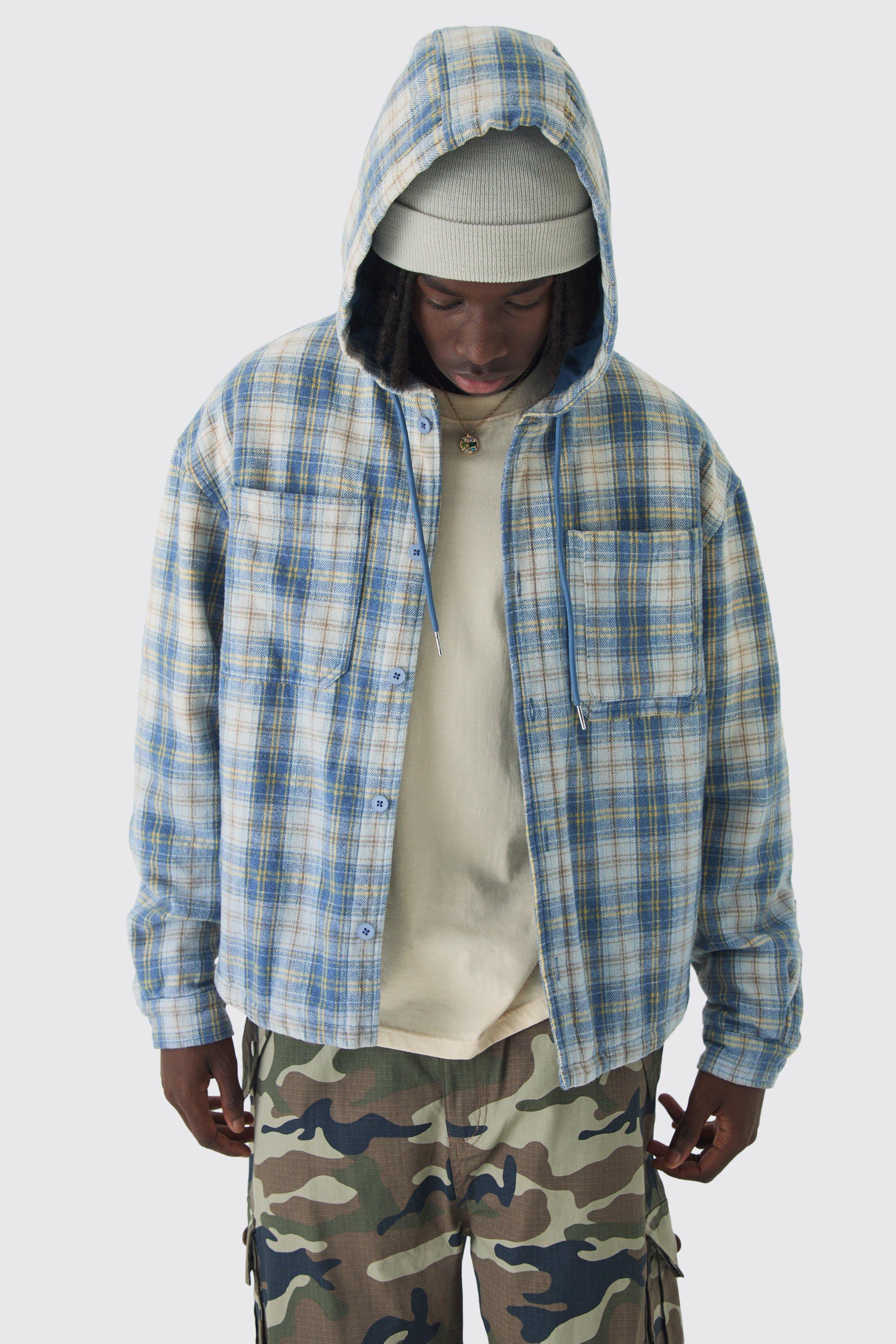 Mens Blue Oversized Padded Hooded Check Overshirt, Blue product image