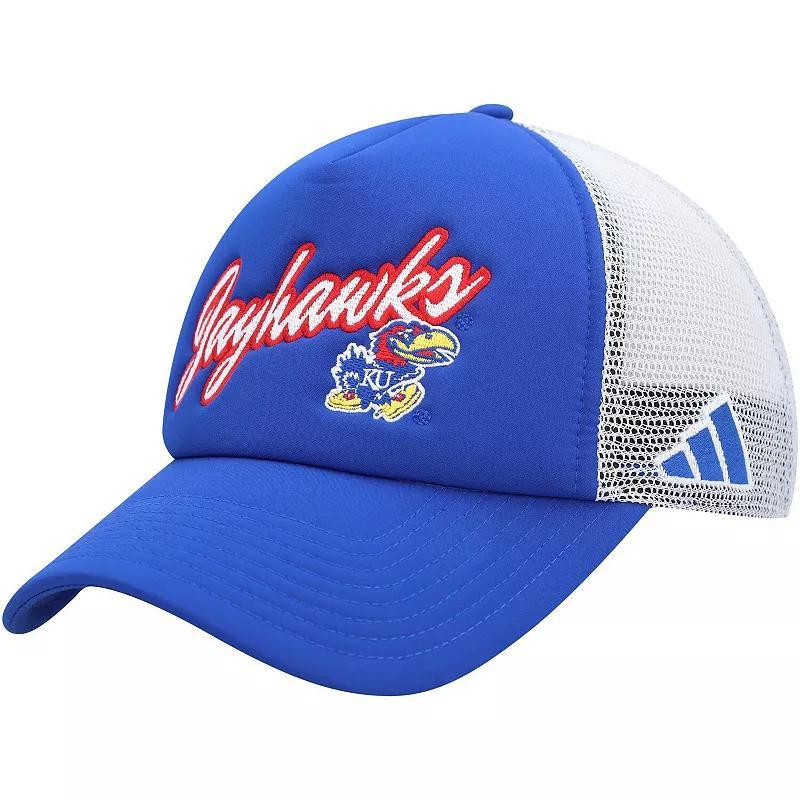 Mens adidas Royal Kansas Jayhawks Script Trucker Snapback Hat Product Image