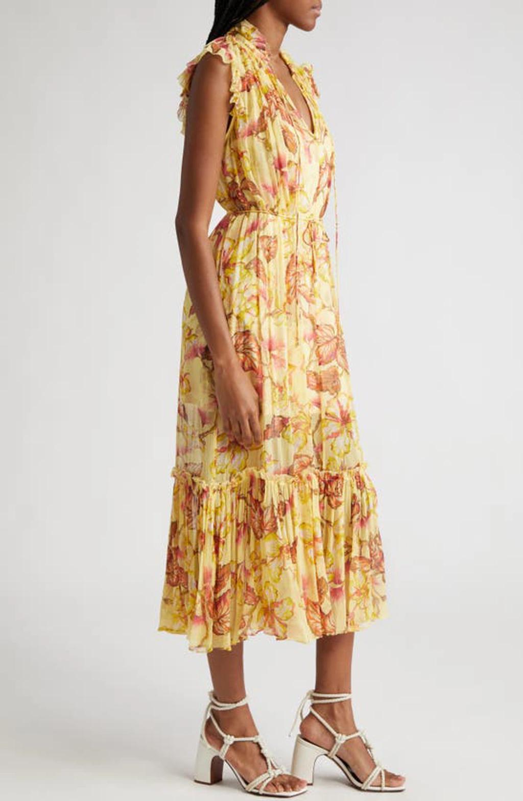 ZIMMERMANN Matchmaker Floral Flutter Midi Dress In Yellow Hibiscus Product Image