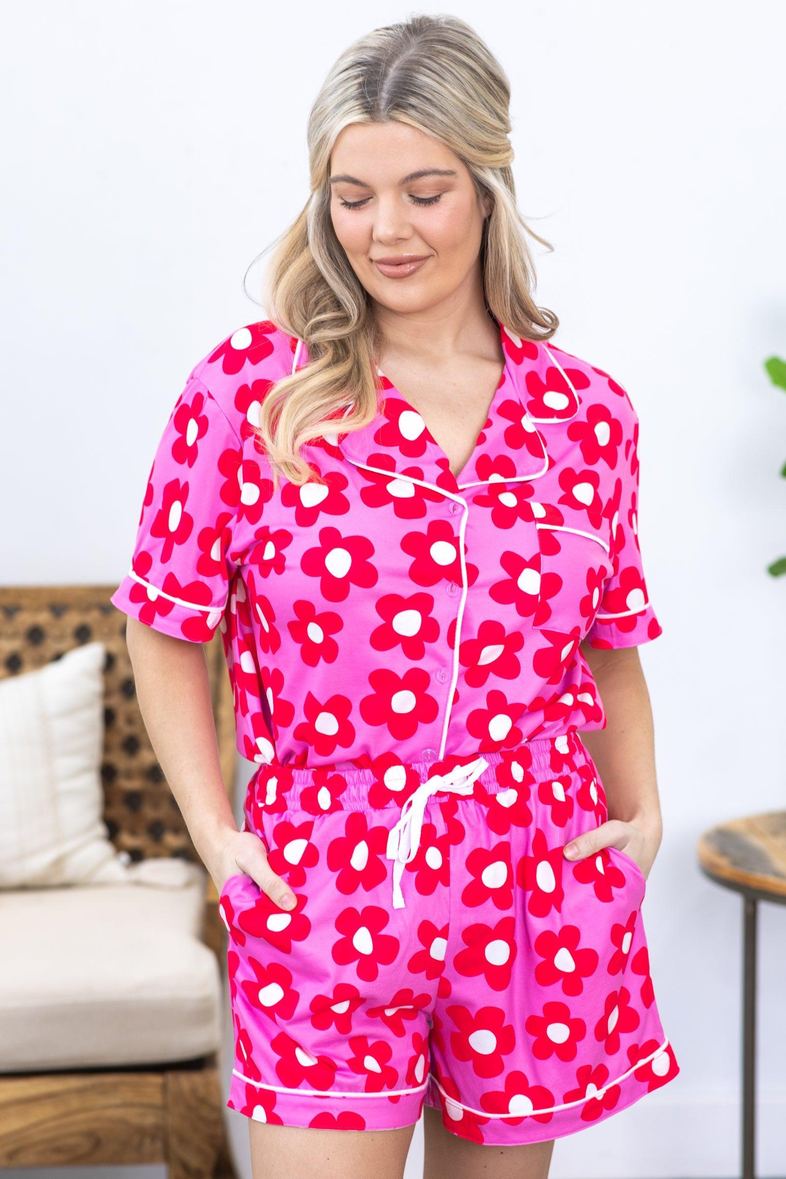 Pink Flower Print Shirt and Shorts PJ Set Product Image