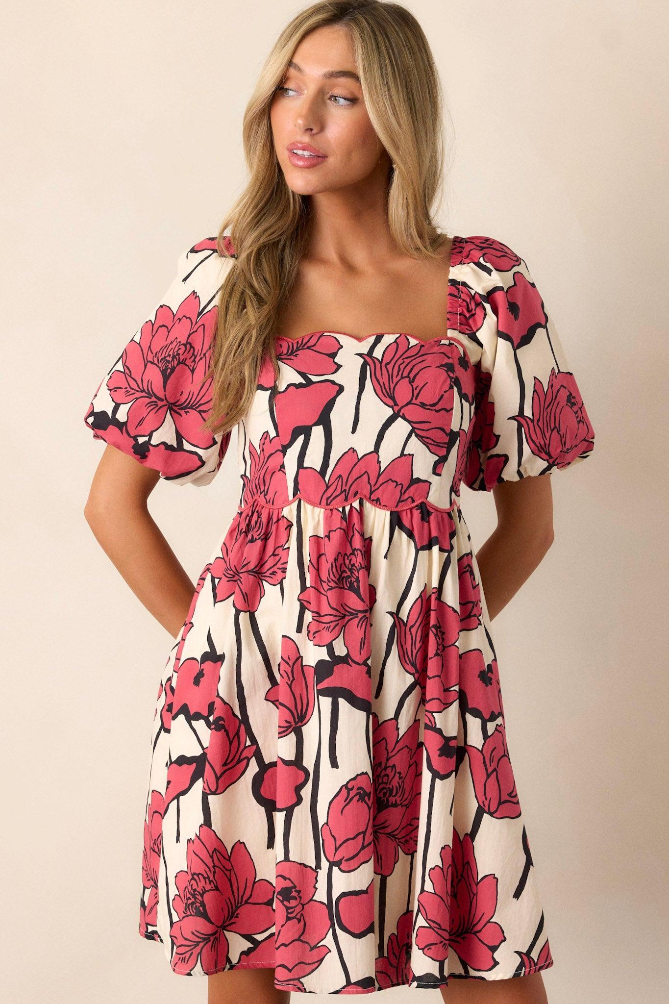 Whispering Moonlight 100% Cotton Red Floral Mini Dress Product Image