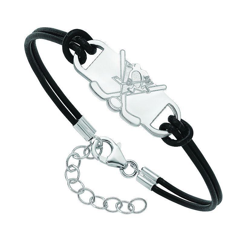 LogoArt Sterling Silver Pittsburgh Penguins Black Leather Bracelet, Womens Product Image